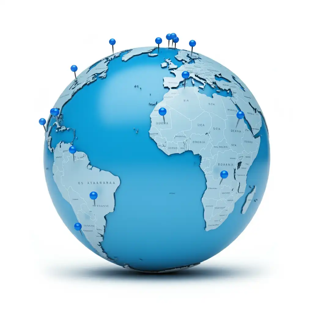 A blue globe with pins