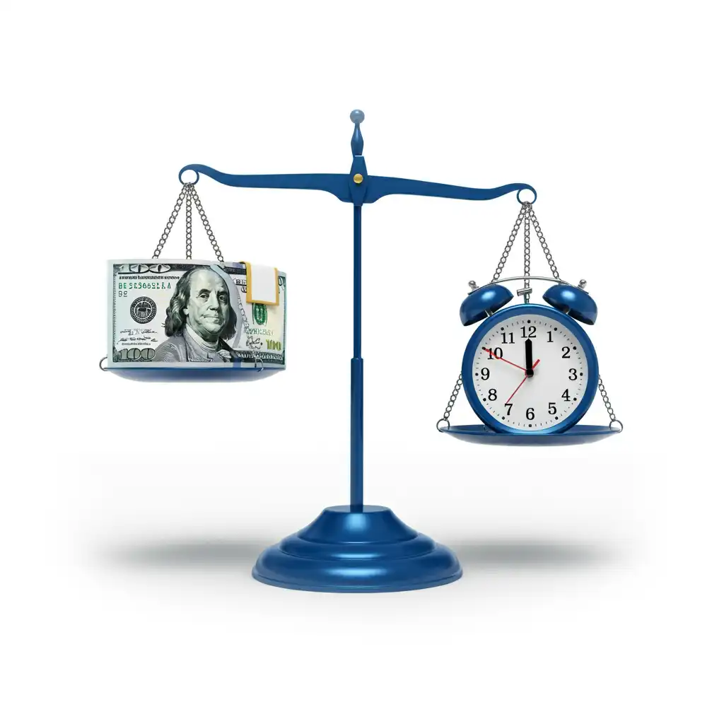 A blue balance scale with money and a clock.