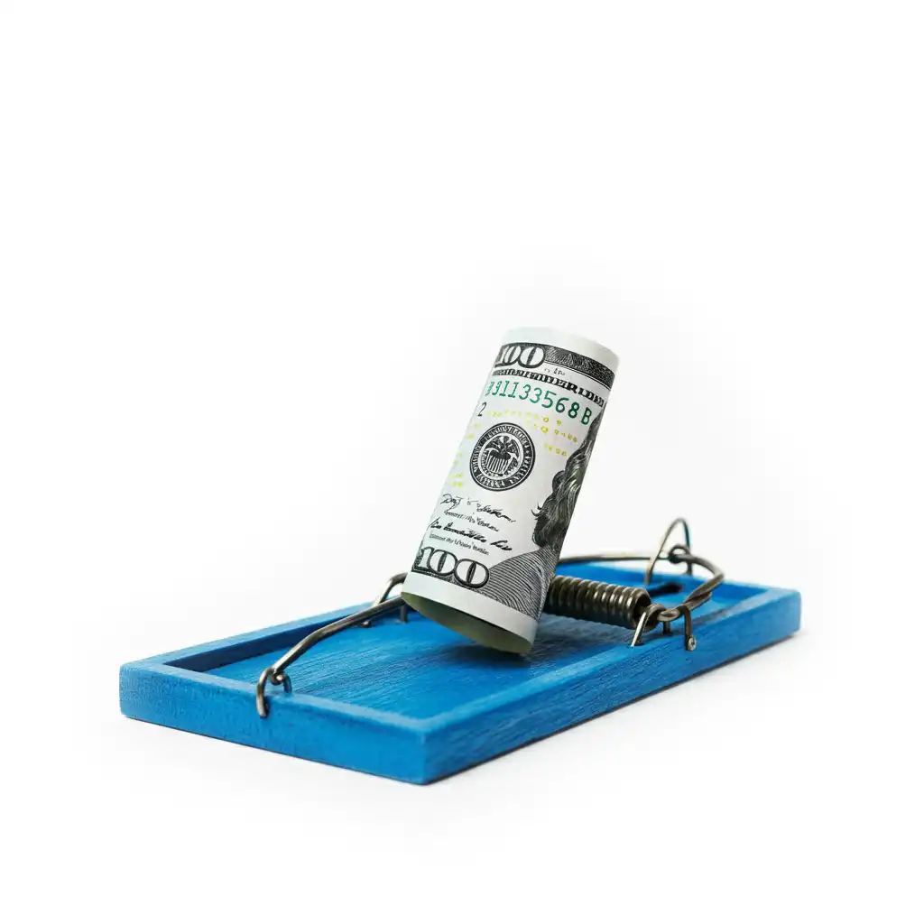 A blue mouse trap with money on it.