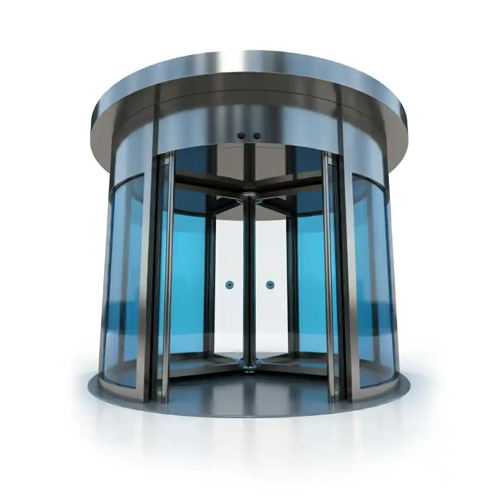 A blue glass revolving door.