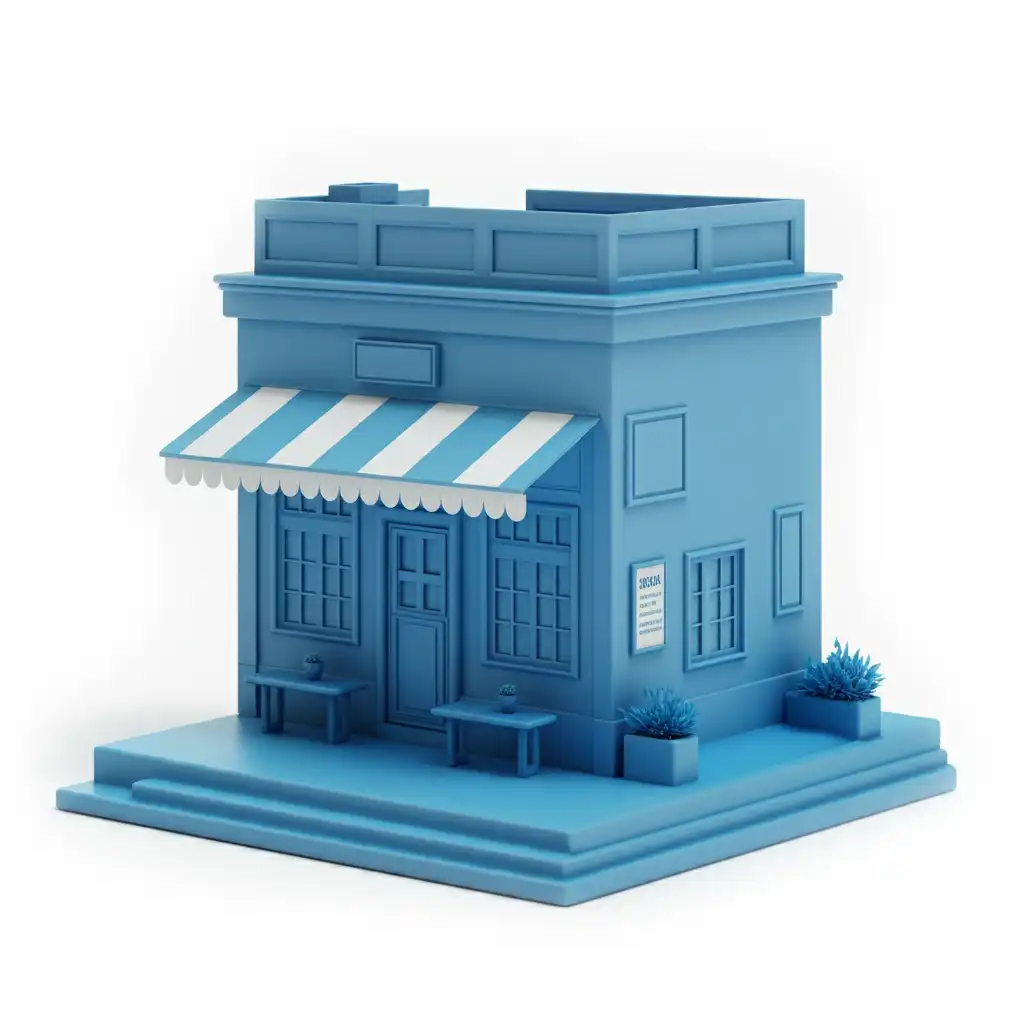 A 3d rendering of a small blue business.