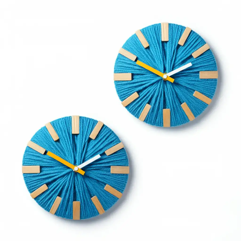 Two blue clocks made of yarn