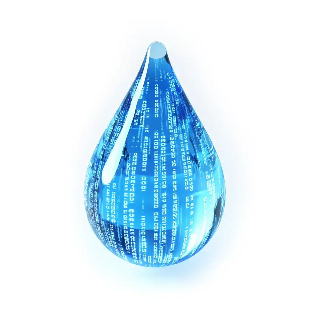 A drop of blue liquid with code on it.