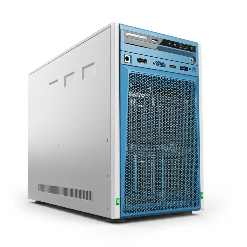 A modern computer server with blue accents.