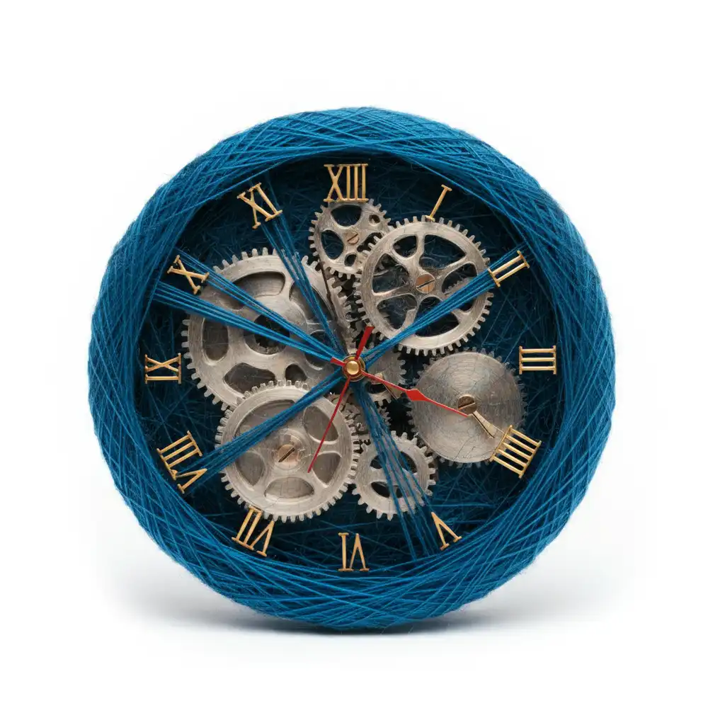 A blue clock with exposed gears made of yarn