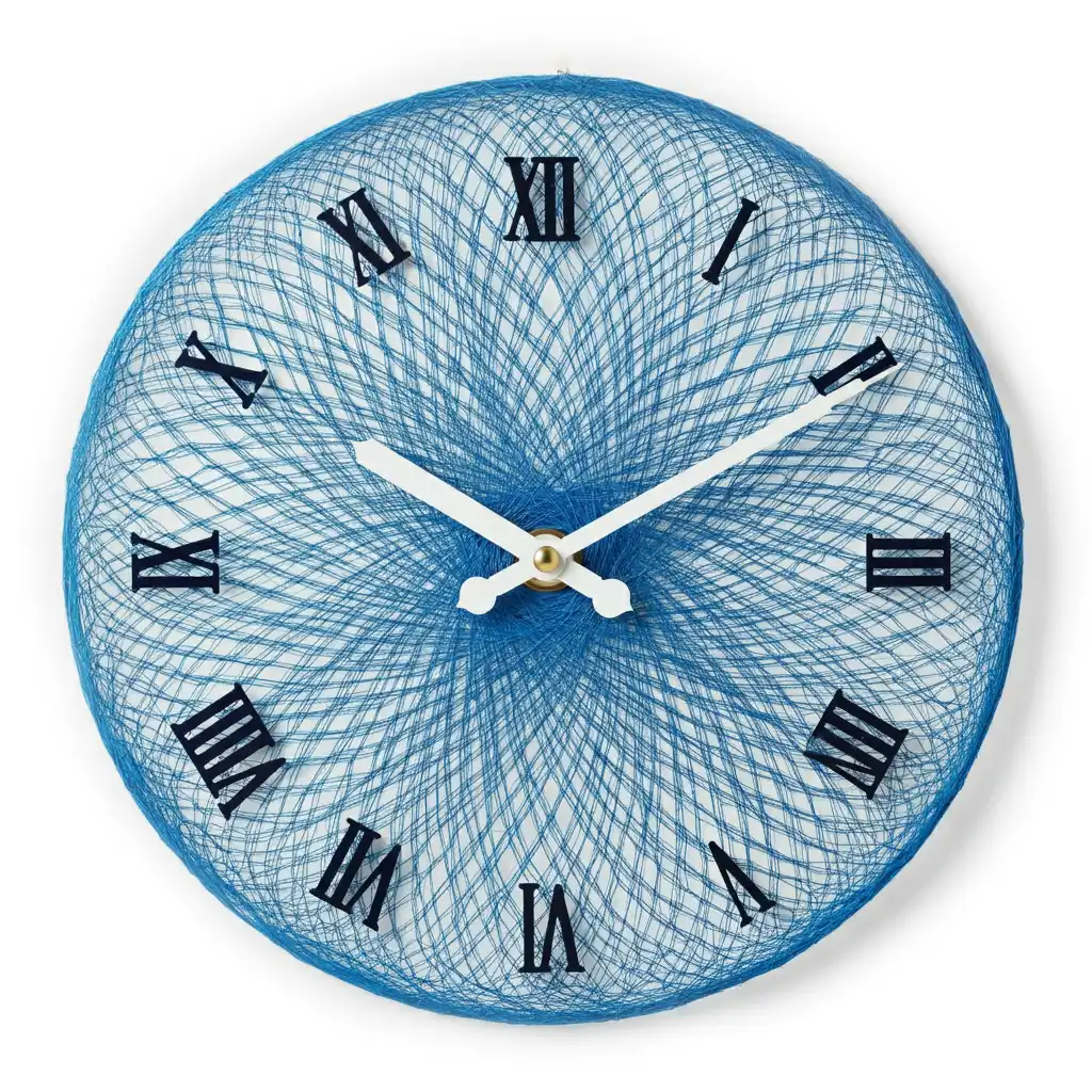 A classic wall clock made from blue thread.