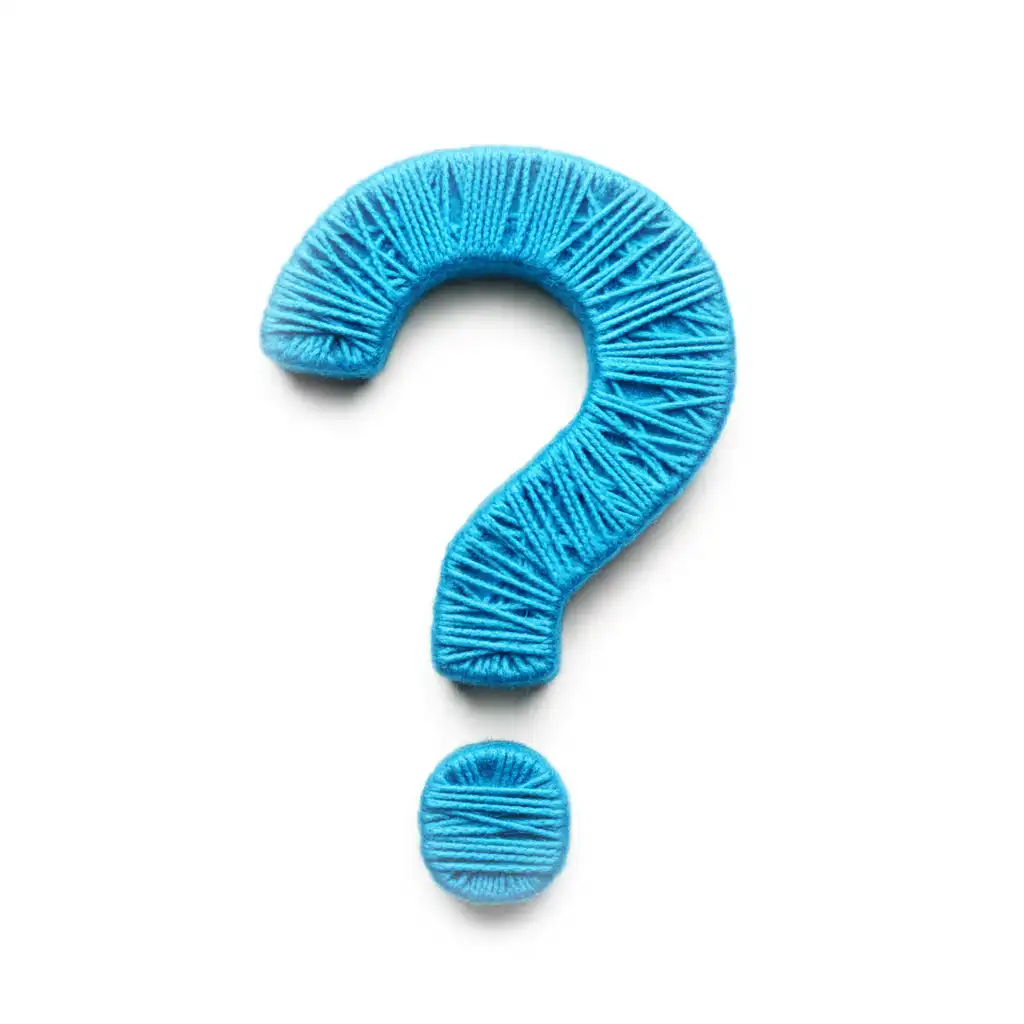 A blue question mark made of yarn