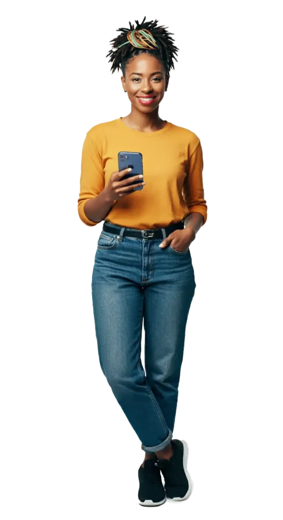 A woman wearing a yellow shirt holding an iphone