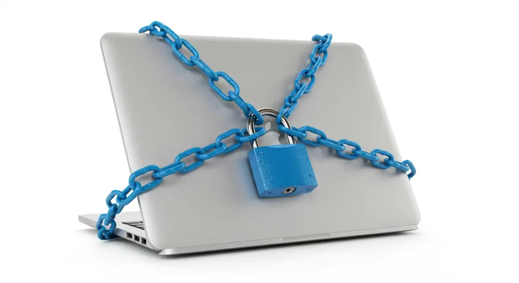 A laptop covered in a chain and lock.