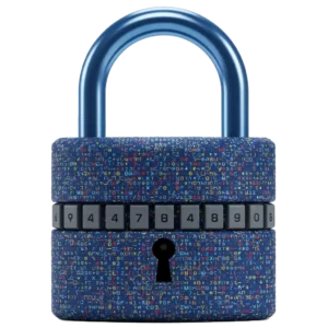 A blue padlock with code on the surface.