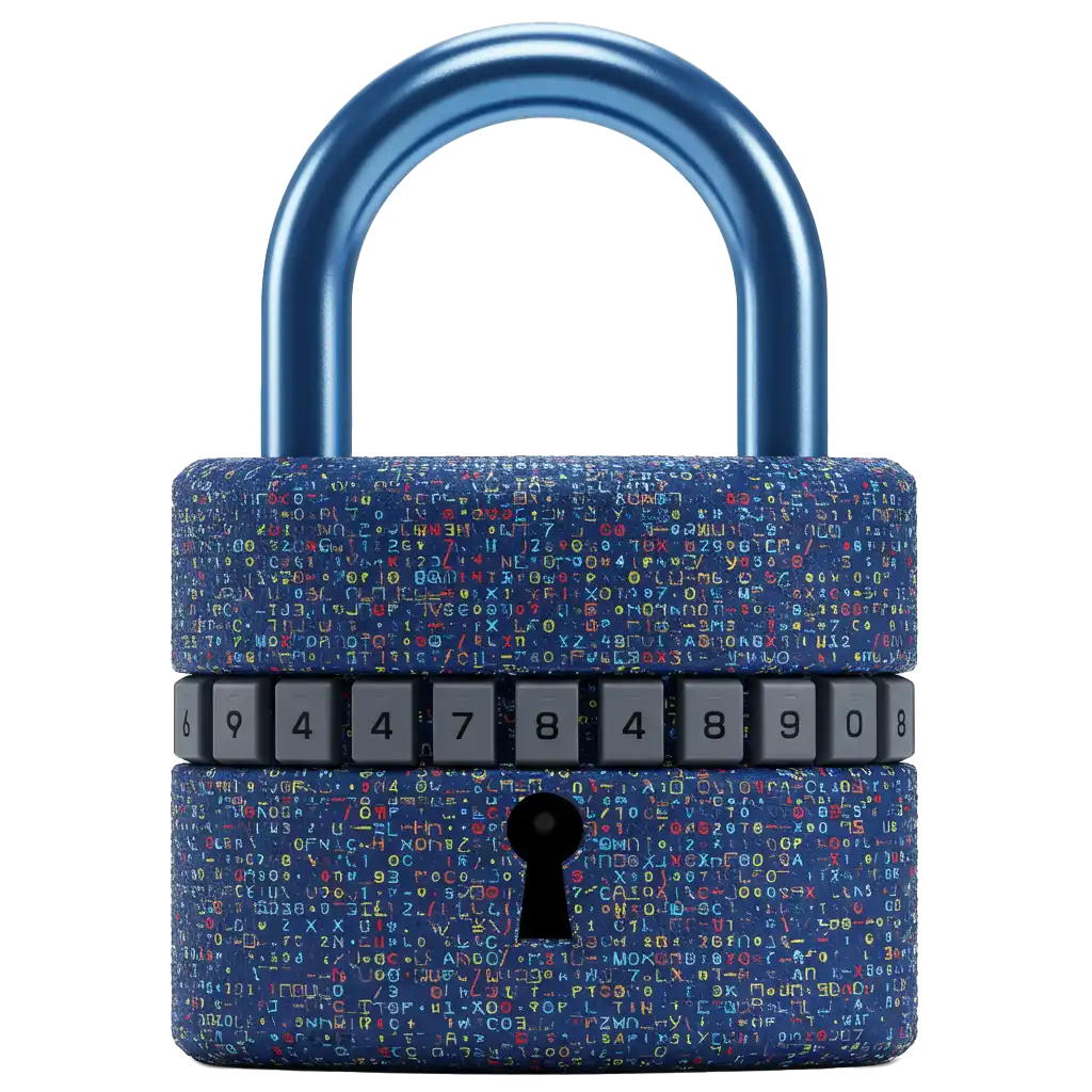 A blue padlock with code on the surface.