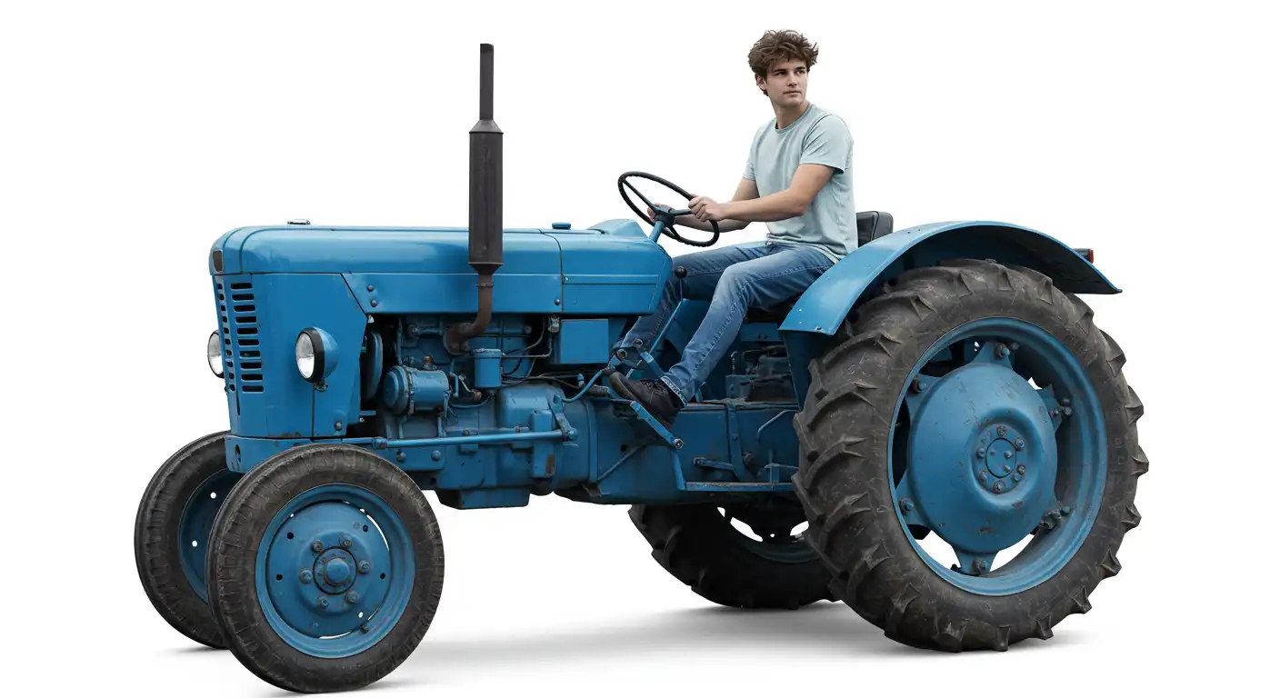 A young man driving a blue tractor