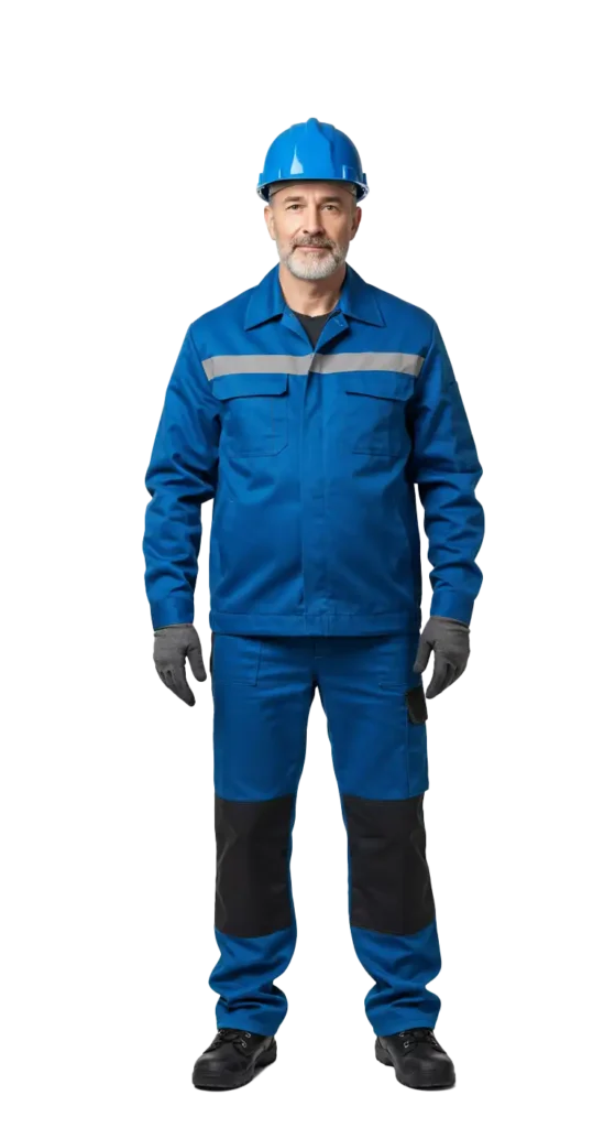 A construction worker in blue