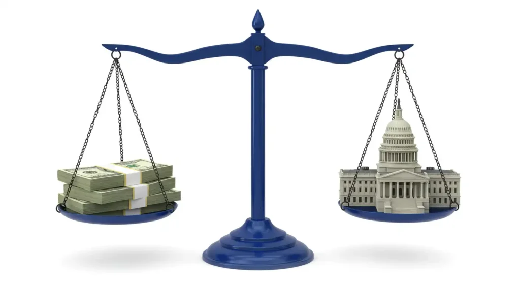 Scales of justice, money vs government