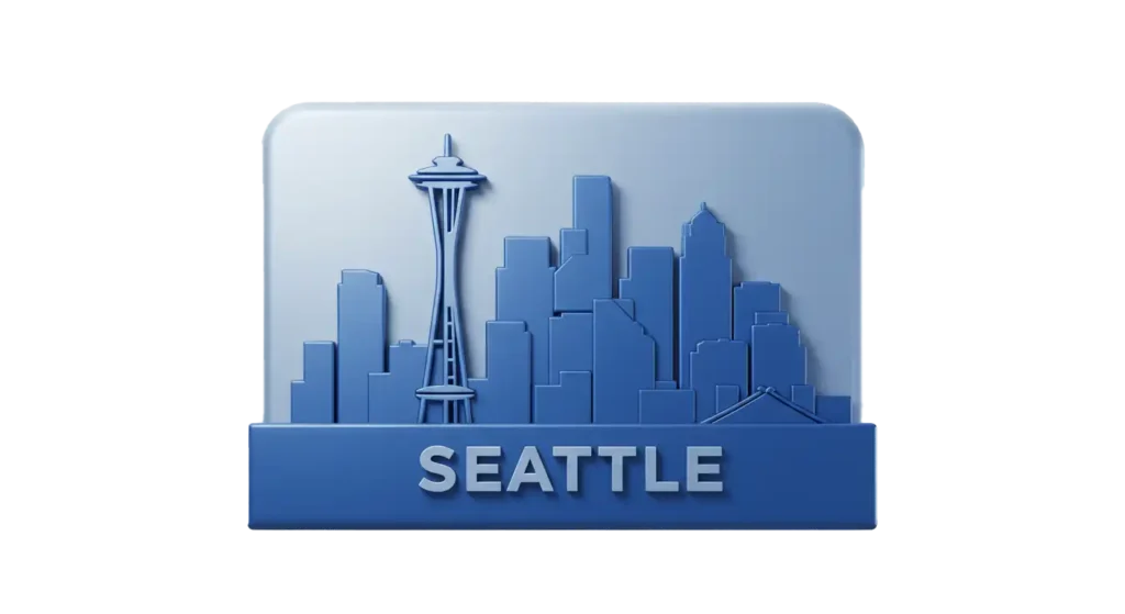 A blue icon of Seattle skyline