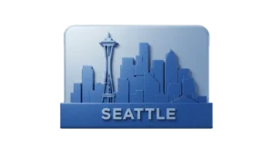 A blue icon of Seattle skyline