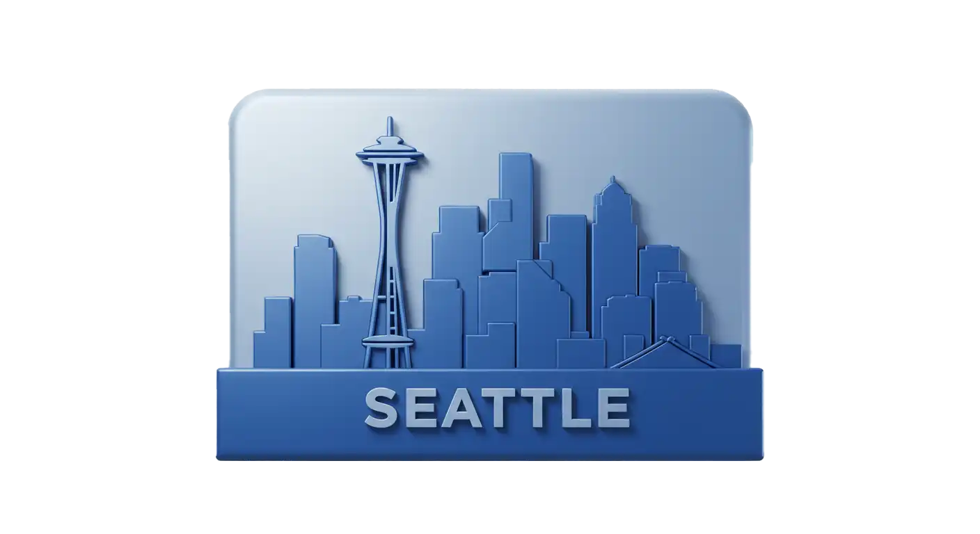 A blue icon of Seattle skyline