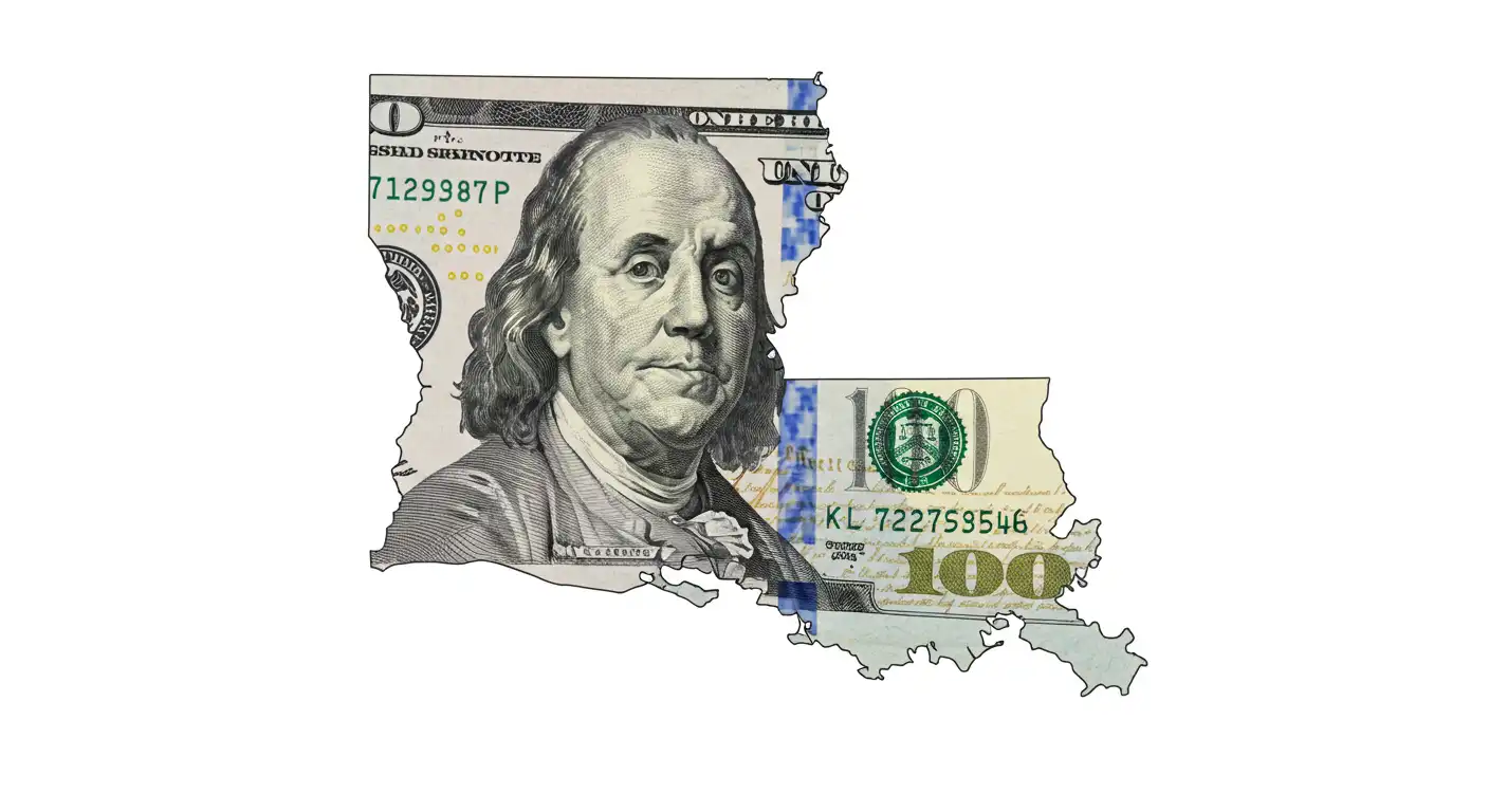 A Louisiana map overlayed by a USD bill.