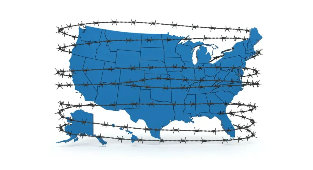 US map surrounded by barbwire.